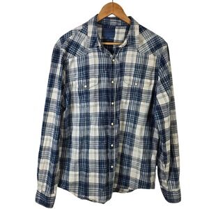 Lucky Brand True Indigo Plaid Western Pearl  Snap Button Shirt Men's L G Blue